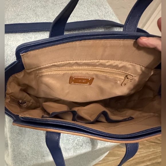 Nine West women’s blue, white and camel tan color block square satchel. - Picture 3 of 7